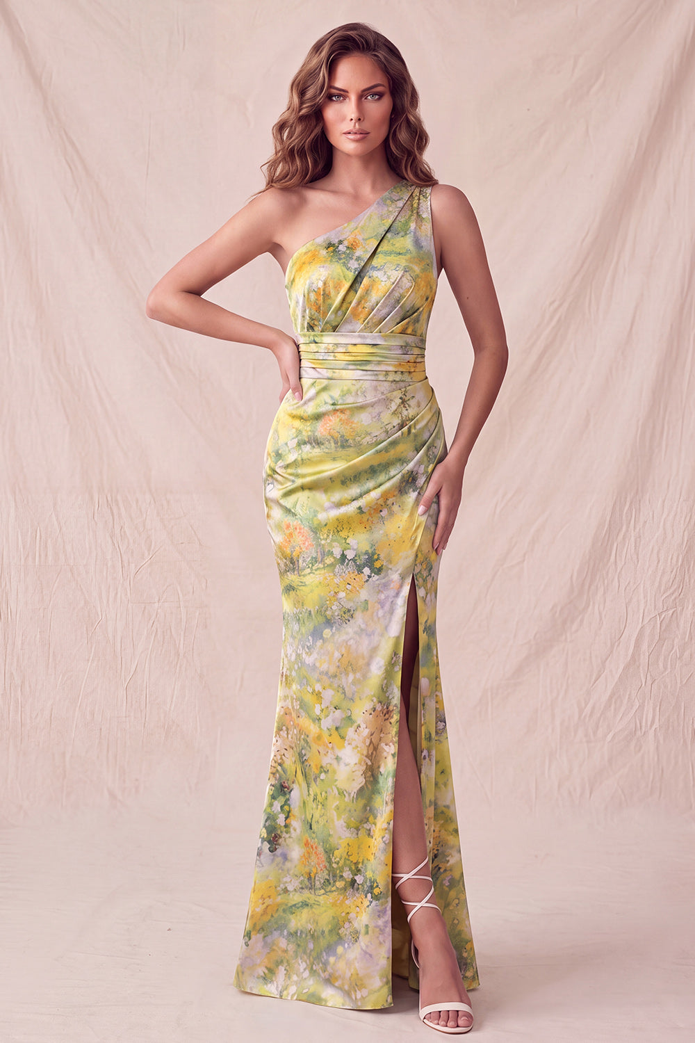 Yellow Floral Mermaid One Shoulder Ruched Long Formal Dress with Slit
