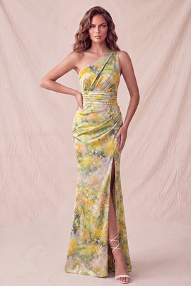 Yellow Floral Mermaid One Shoulder Ruched Long Formal Dress with Slit