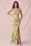 Yellow Floral Mermaid One Shoulder Ruched Long Formal Dress with Slit