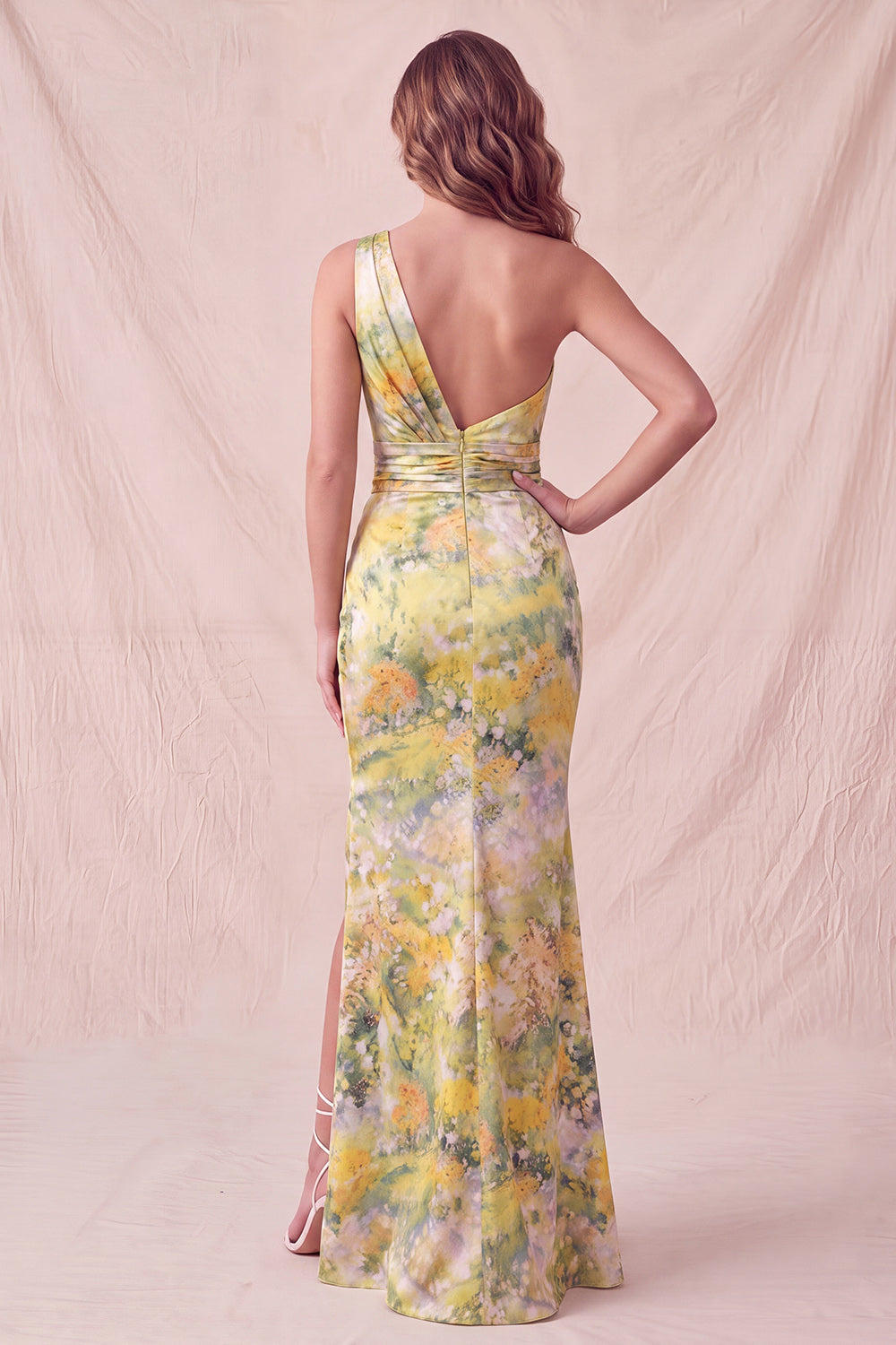 Yellow Floral Mermaid One Shoulder Ruched Long Formal Dress with Slit