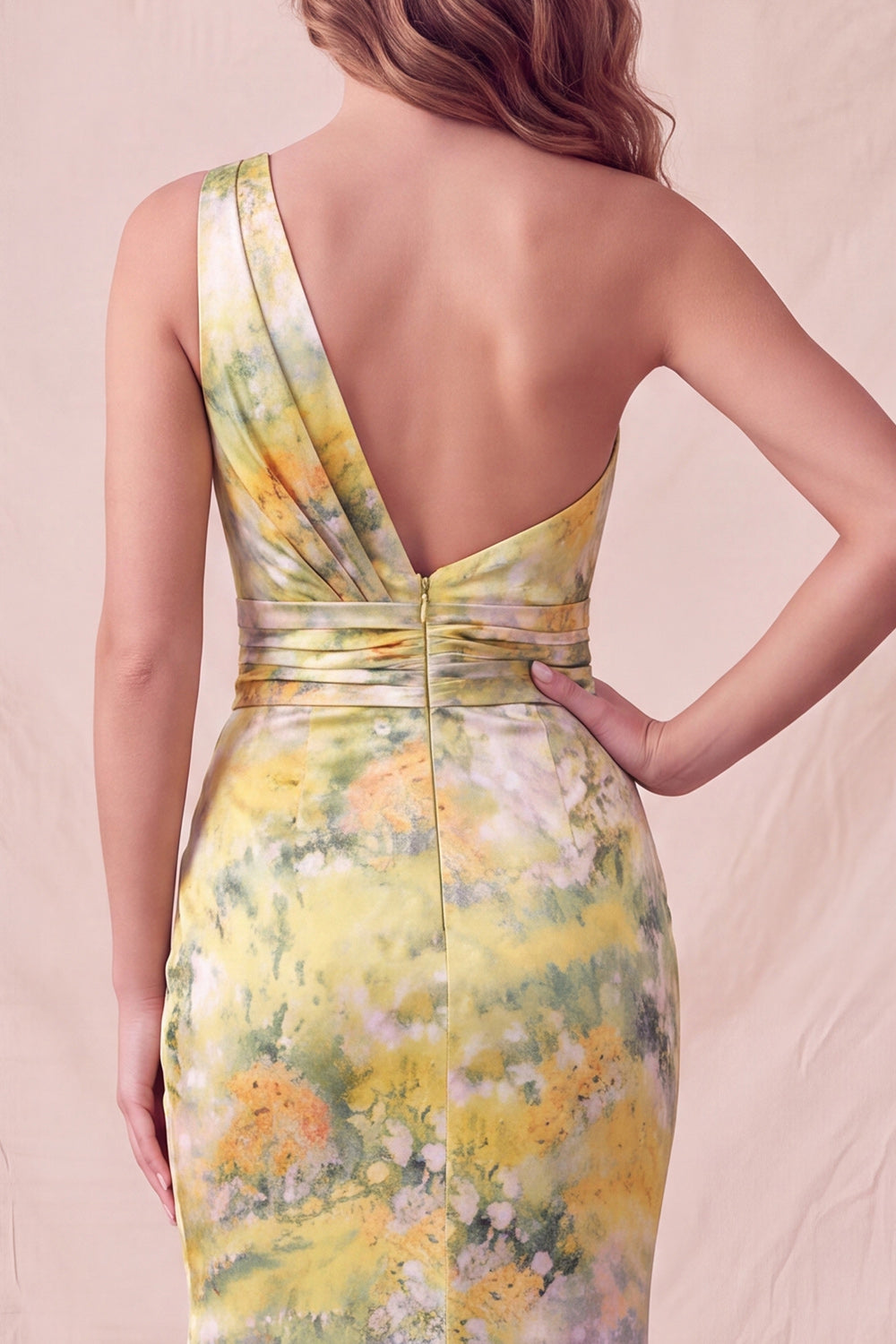 Yellow Floral Mermaid One Shoulder Ruched Long Formal Dress with Slit