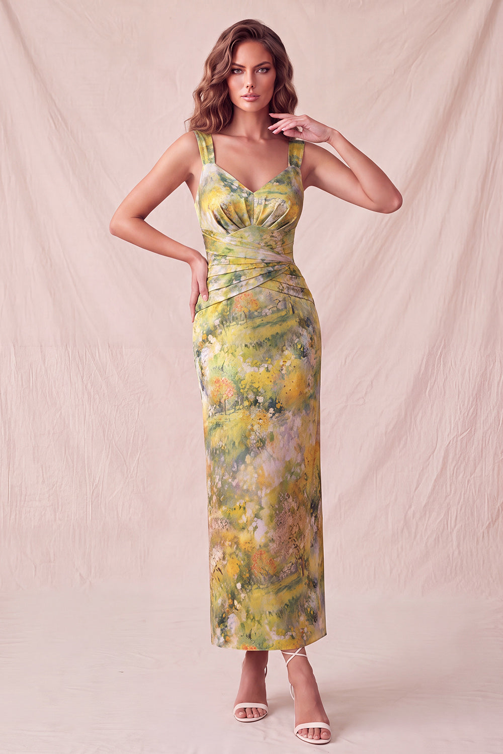 Yellow Floral Sheath Ruched Long Formal Dress