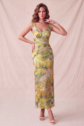 Yellow Floral Sheath Ruched Long Formal Dress