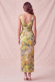 Yellow Floral Sheath Ruched Long Formal Dress
