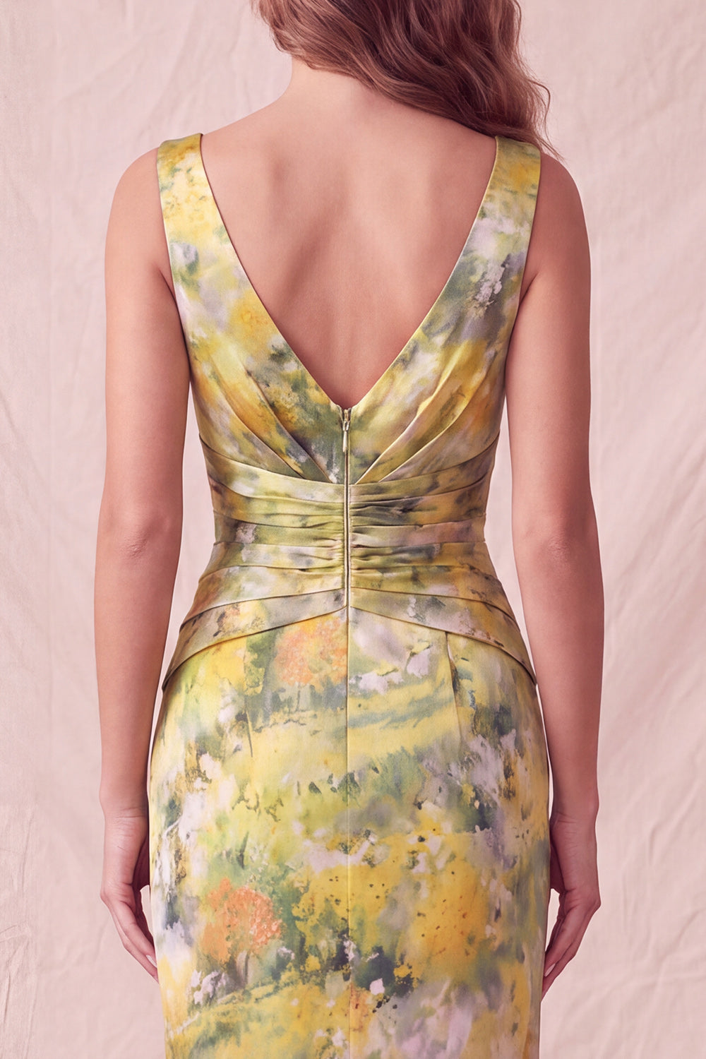 Yellow Floral Sheath Ruched Long Formal Dress