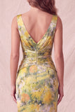 Yellow Floral Sheath Ruched Long Formal Dress