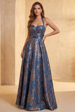 Navy Floral A-Line Halter Long Formal Dress with Bow