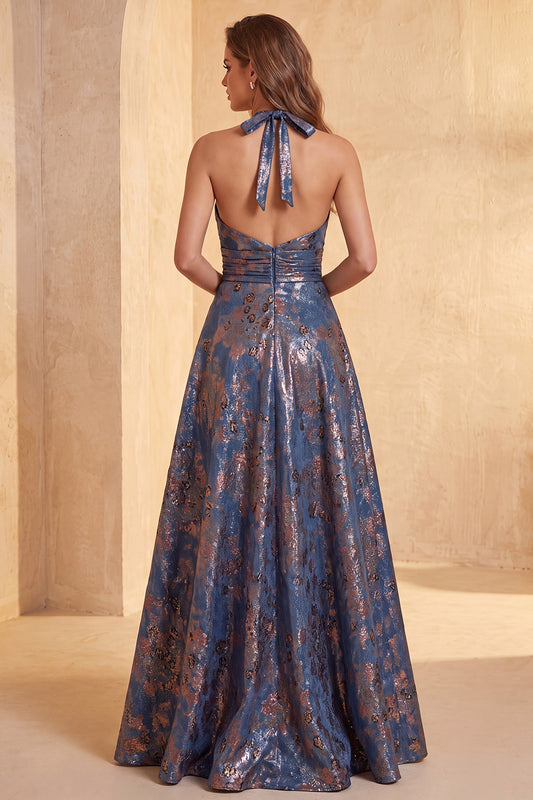 Navy Floral A-Line Halter Long Formal Dress with Bow