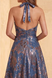 Navy Floral A-Line Halter Long Formal Dress with Bow