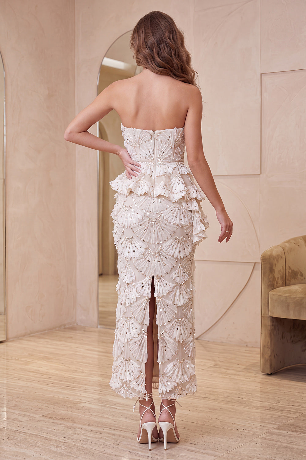 Apricot Sparkly Sequin Ruffled Long Formal Dress with Back Slit