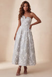 Light Grey Floral Sparkly A-Line Beaded Long Formal Dress