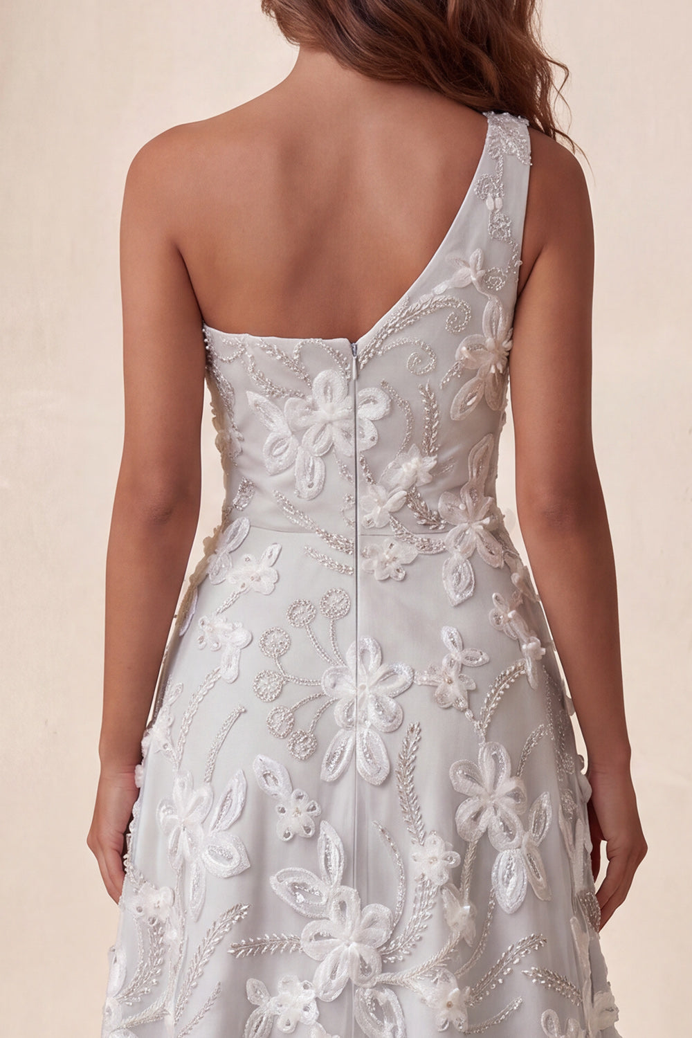 Light Grey Floral Sparkly A-Line Beaded Long Formal Dress