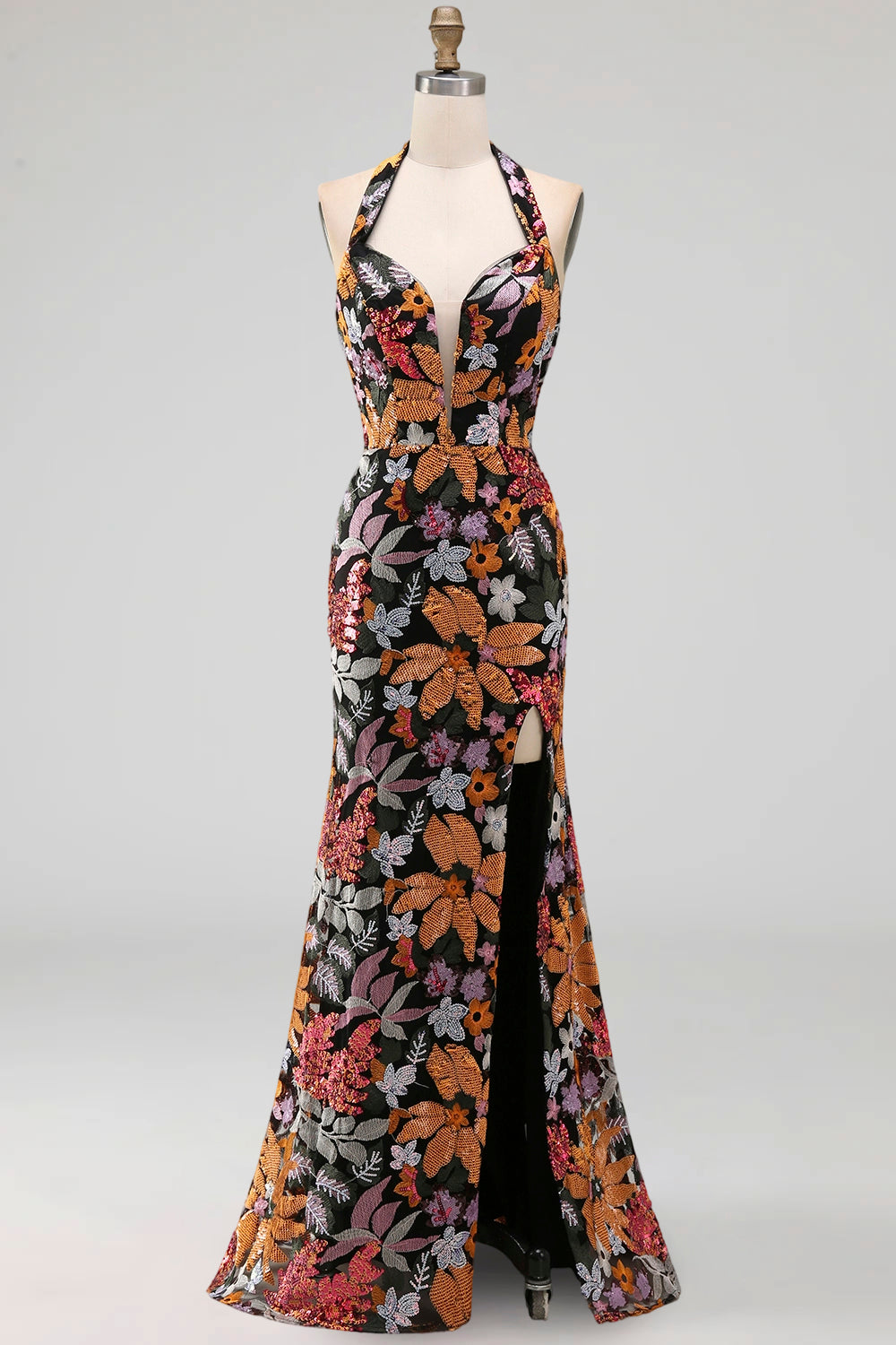 Sparkly Black Floral Sequin Halter Mermaid Long Formal Dress with Slit