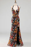 Sparkly Black Floral Sequin Halter Mermaid Long Formal Dress with Slit