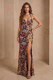 Sparkly Black Floral Sequin Halter Mermaid Long Formal Dress with Slit