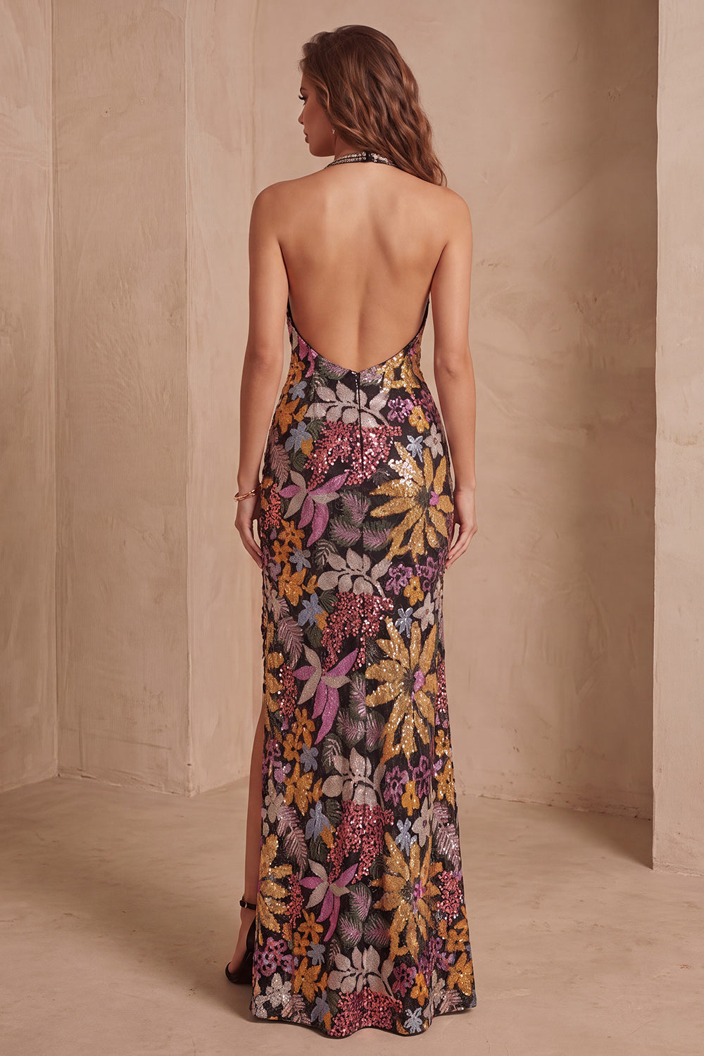 Sparkly Black Floral Sequin Halter Mermaid Long Formal Dress with Slit