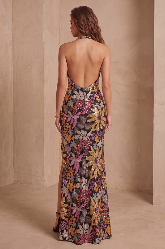 Sparkly Black Floral Sequin Halter Mermaid Long Formal Dress with Slit