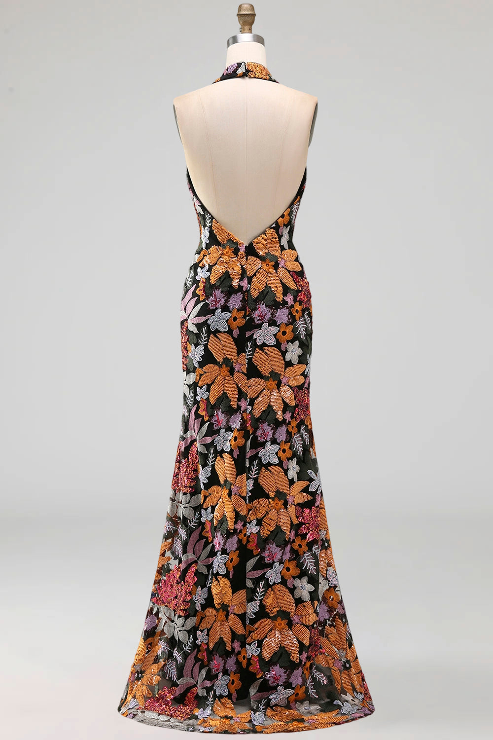 Sparkly Black Floral Sequin Halter Mermaid Long Formal Dress with Slit