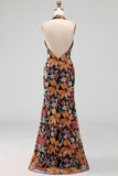 Sparkly Black Floral Sequin Halter Mermaid Long Formal Dress with Slit