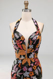 Sparkly Black Floral Sequin Halter Mermaid Long Formal Dress with Slit