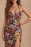 Sparkly Black Floral Sequin Halter Mermaid Long Formal Dress with Slit