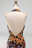 Sparkly Black Floral Sequin Halter Mermaid Long Formal Dress with Slit