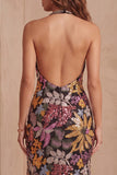 Sparkly Black Floral Sequin Halter Mermaid Long Formal Dress with Slit