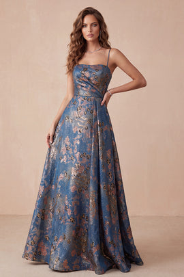 Navy Floral Spaghetti Straps A-Line Long Formal Dress