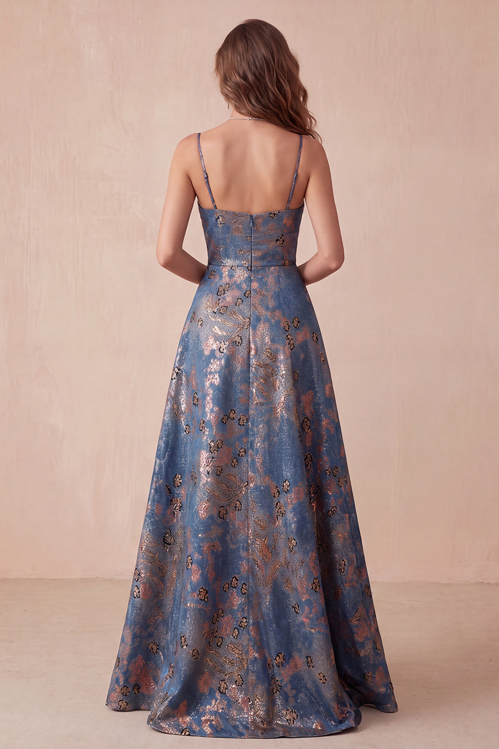 Navy Floral Spaghetti Straps A-Line Long Formal Dress
