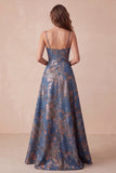 Navy Floral Spaghetti Straps A-Line Long Formal Dress