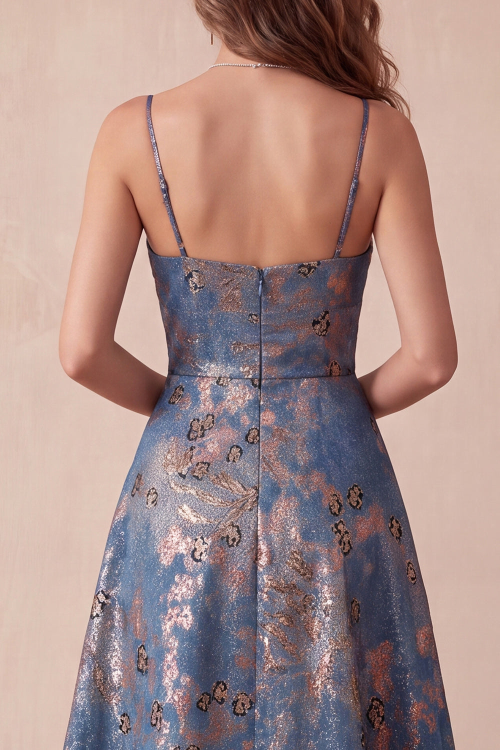 Navy Floral Spaghetti Straps A-Line Long Formal Dress