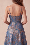 Navy Floral Spaghetti Straps A-Line Long Formal Dress