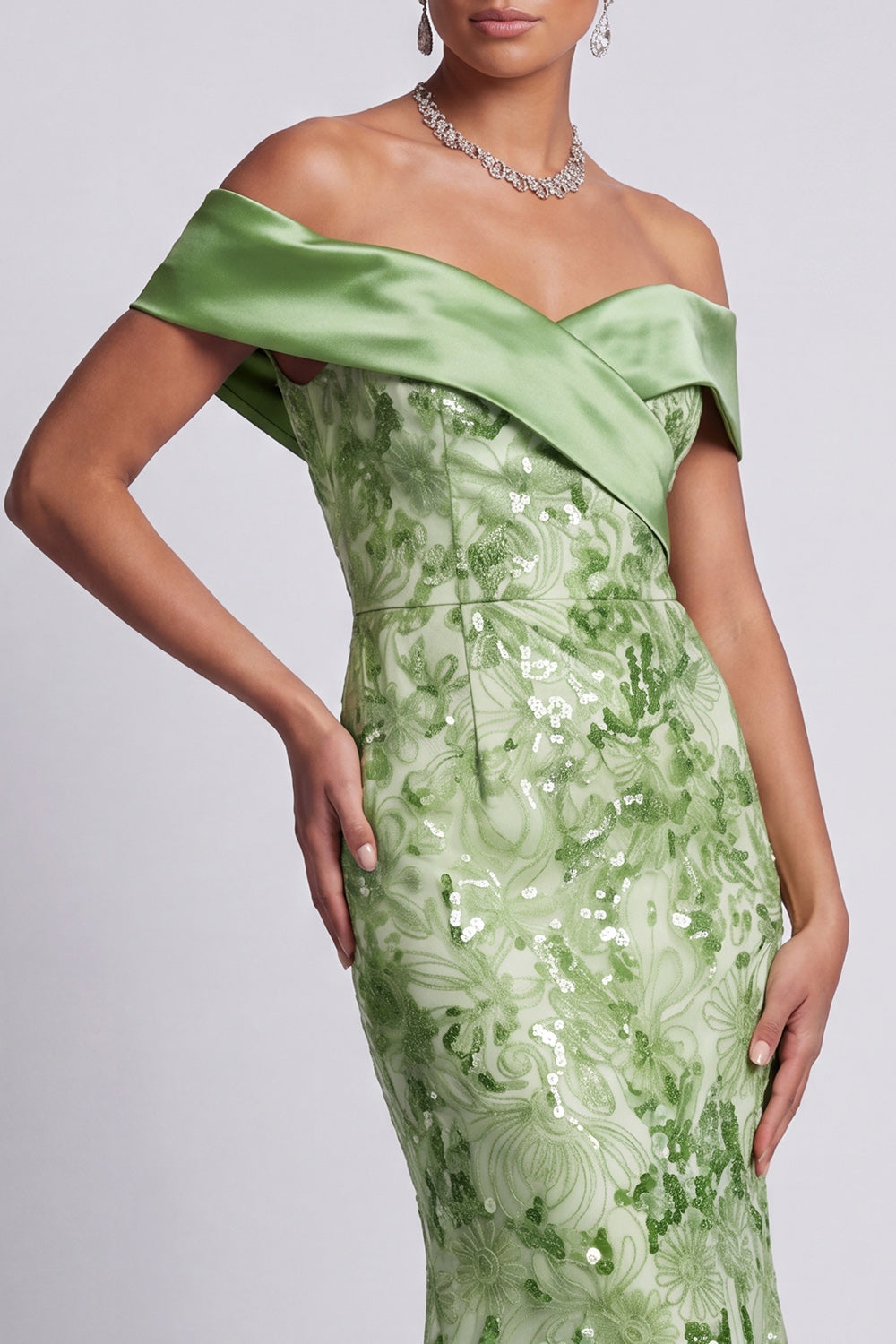 Sparkly Green Floral Long Mermaid Sequin Mother of the Bride Dress