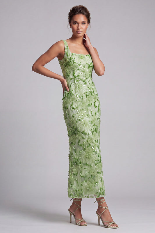 Floral Long Mermaid Sparkly Green Sequin Mother of the Bride Dress