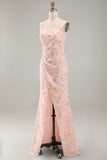 Floral Long Mermaid Sparkly Green Sequin Mother of the Bride Dress with Slit