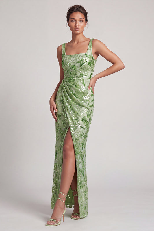 Floral Long Mermaid Sparkly Green Sequin Mother of the Bride Dress with Slit