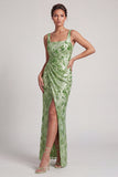 Floral Long Mermaid Sparkly Green Sequin Mother of the Bride Dress with Slit