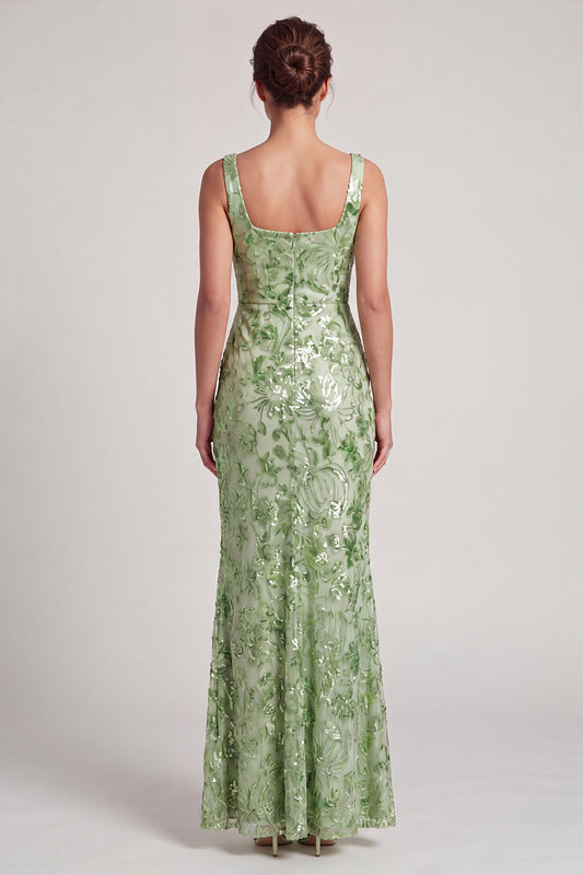 Floral Long Mermaid Sparkly Green Sequin Mother of the Bride Dress with Slit