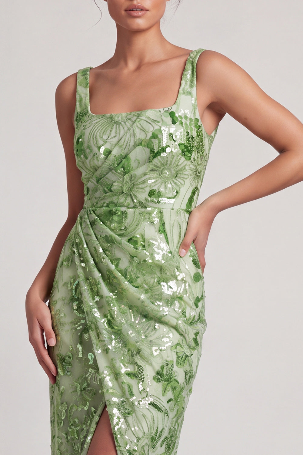 Floral Long Mermaid Sparkly Green Sequin Mother of the Bride Dress with Slit