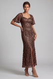 Sparkly Olive Long Short Sleeves Mermaid Sequin Mother of the Bride Dress