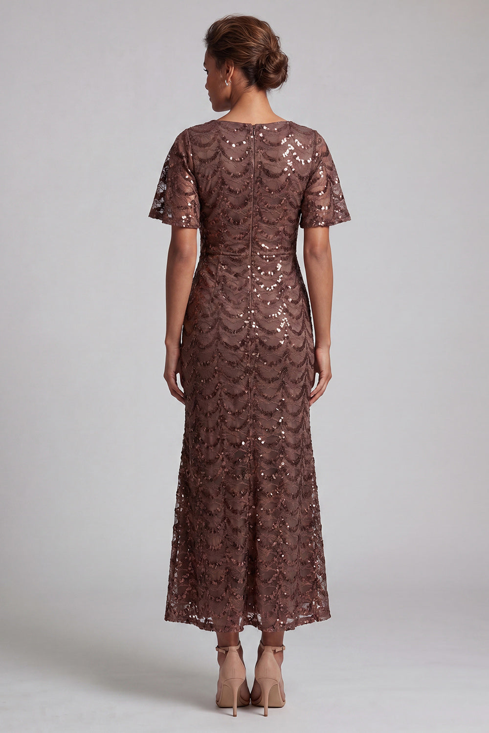 Sparkly Olive Long Short Sleeves Mermaid Sequin Mother of the Bride Dress