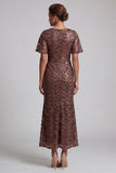 Sparkly Olive Long Short Sleeves Mermaid Sequin Mother of the Bride Dress