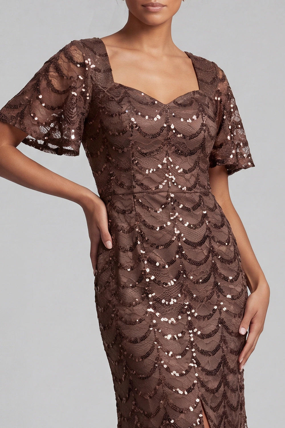 Sparkly Olive Long Short Sleeves Mermaid Sequin Mother of the Bride Dress