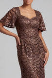 Sparkly Olive Long Short Sleeves Mermaid Sequin Mother of the Bride Dress
