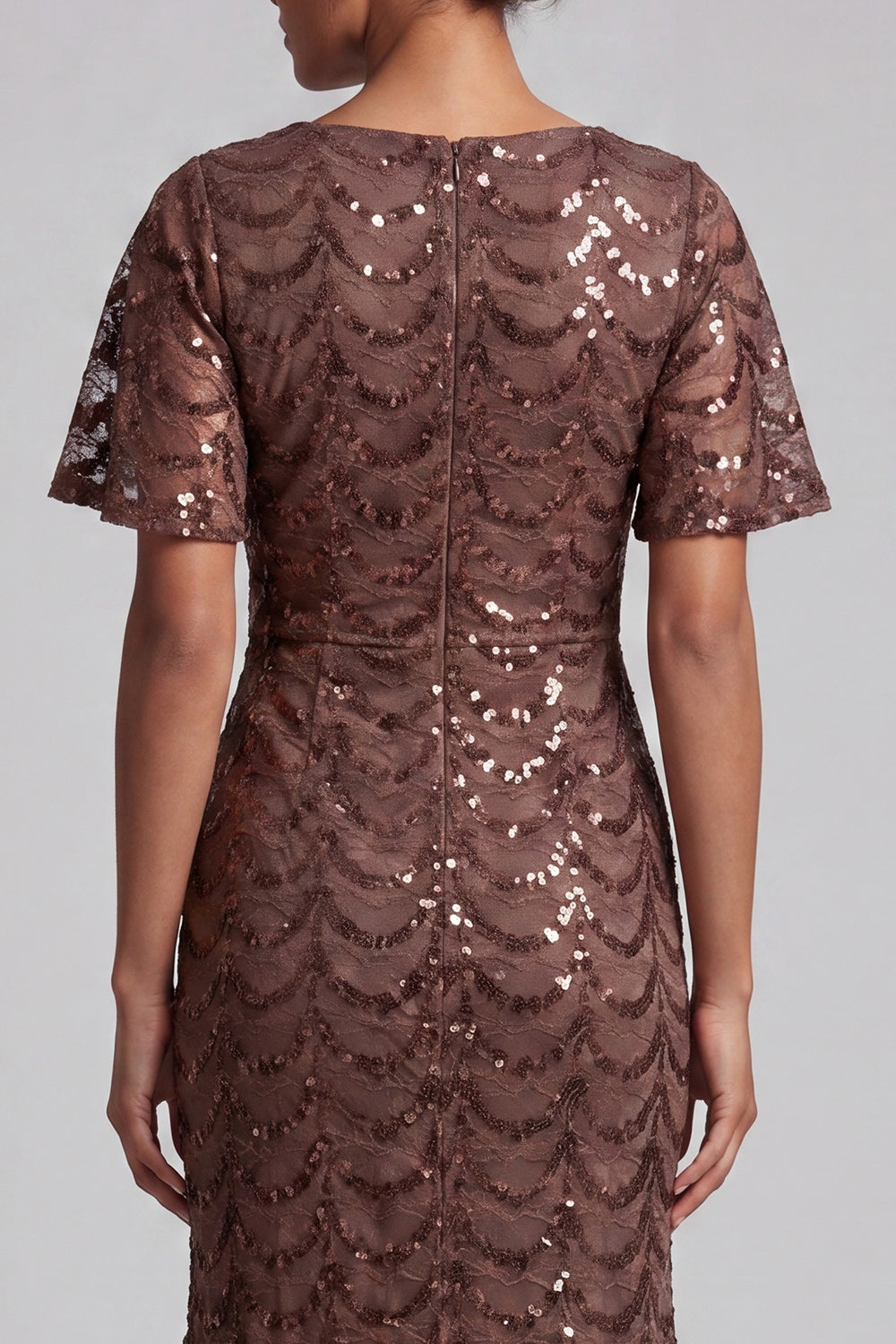 Sparkly Olive Long Short Sleeves Mermaid Sequin Mother of the Bride Dress