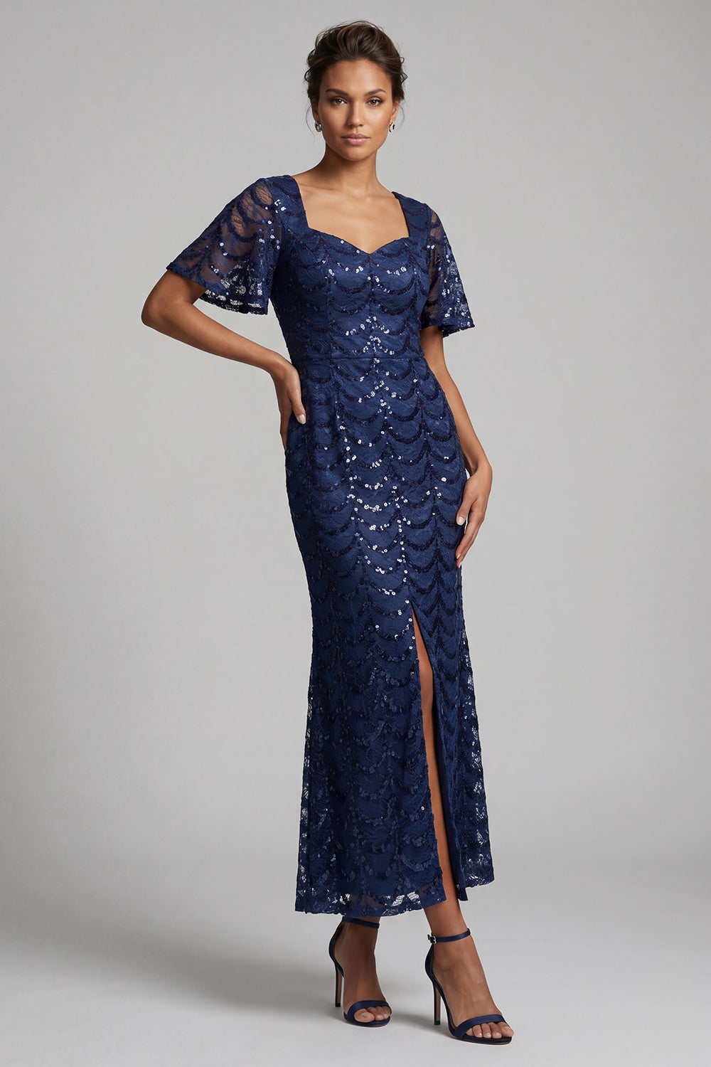Sparkly Olive Long Short Sleeves Mermaid Sequin Mother of the Bride Dress