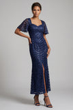 Sparkly Olive Long Short Sleeves Mermaid Sequin Mother of the Bride Dress