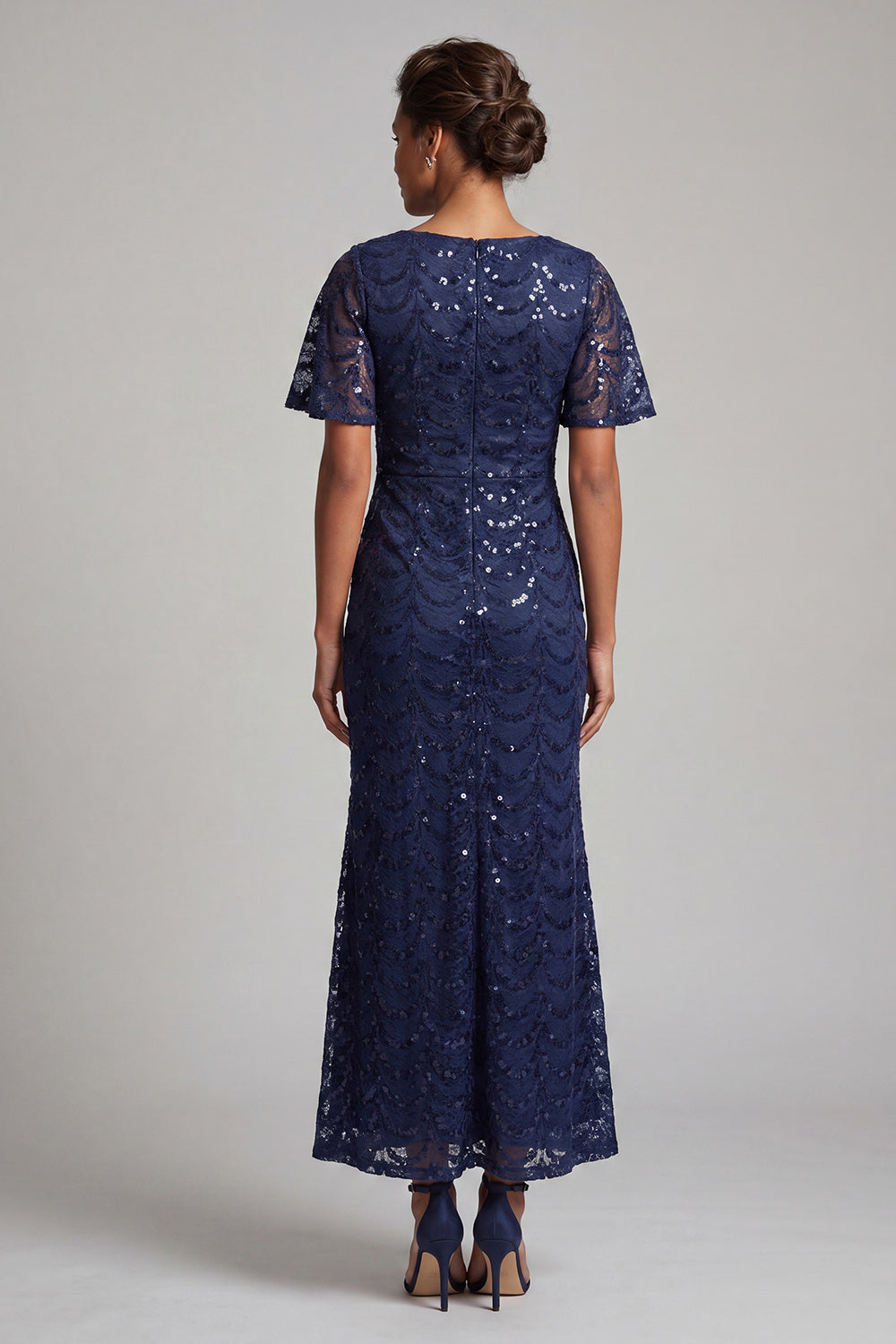 Sparkly Olive Long Short Sleeves Mermaid Sequin Mother of the Bride Dress