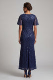 Sparkly Olive Long Short Sleeves Mermaid Sequin Mother of the Bride Dress