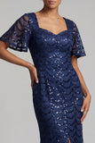 Sparkly Olive Long Short Sleeves Mermaid Sequin Mother of the Bride Dress